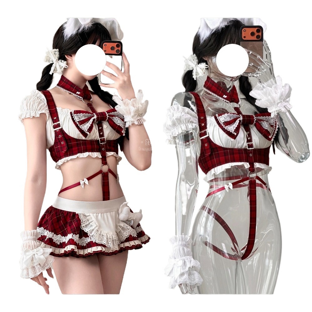 Cosplay Anime Bunny Girl - Kawaii Kırmızı Ekose Hizmetçi Cosplay Kostümü